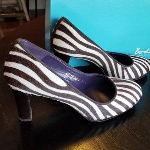 Zebra print hair on hide heels in chocolate brown